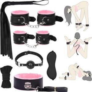 BDSM restraint set with blindfold, leather whip, collar, and bondage ropes