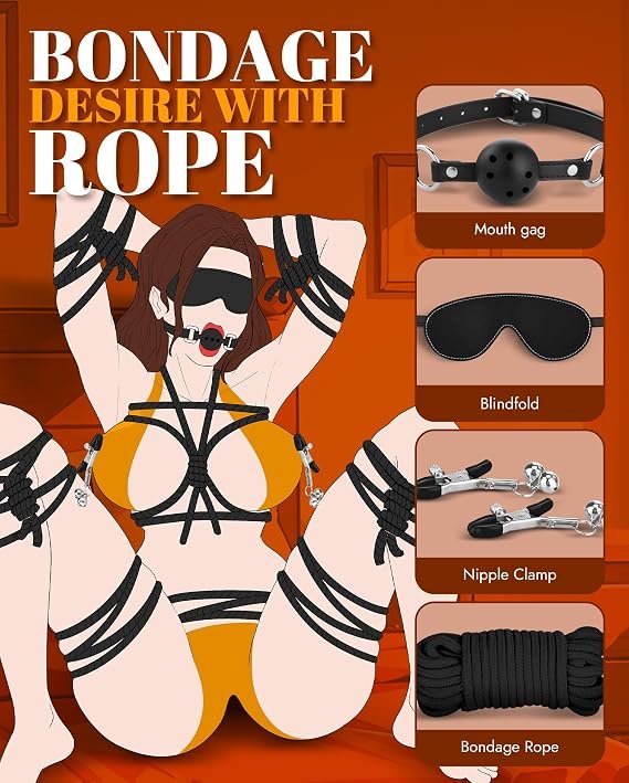 BDSM bondage set featuring adjustable wrist cuffs, ankle cuffs, and sensory-play accessories