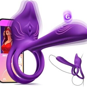 App-controlled vibrating penis ring with external vibrator and extended sleeve