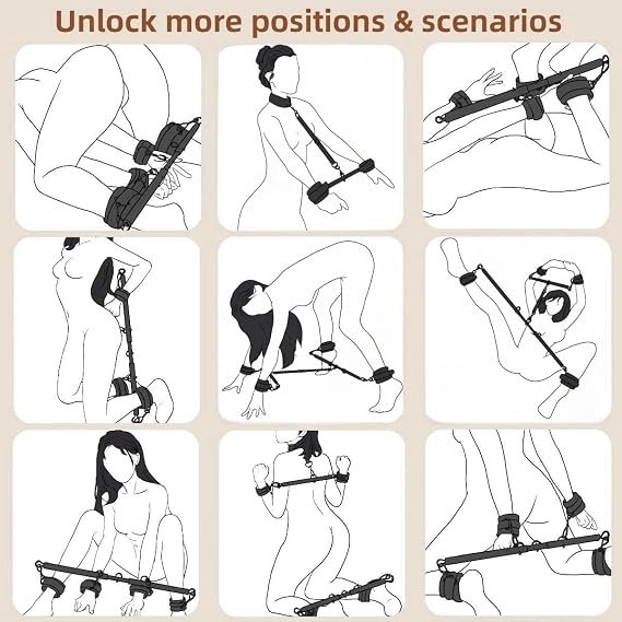 BDSM spreader bar kit with adjustable cuffs and neck collar