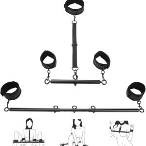 BDSM restraint kit featuring spreader bars, nylon cuffs, and neck collar