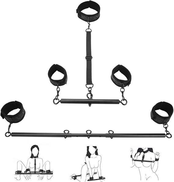 BDSM restraint kit featuring spreader bars, nylon cuffs, and neck collar