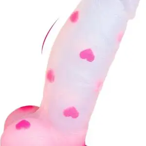 Clear monster heart dildo with pink heart details and curved design
