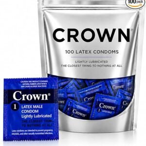 CROWN Sheerlon ultra-thin lubricated latex condoms in a 100-count pack.