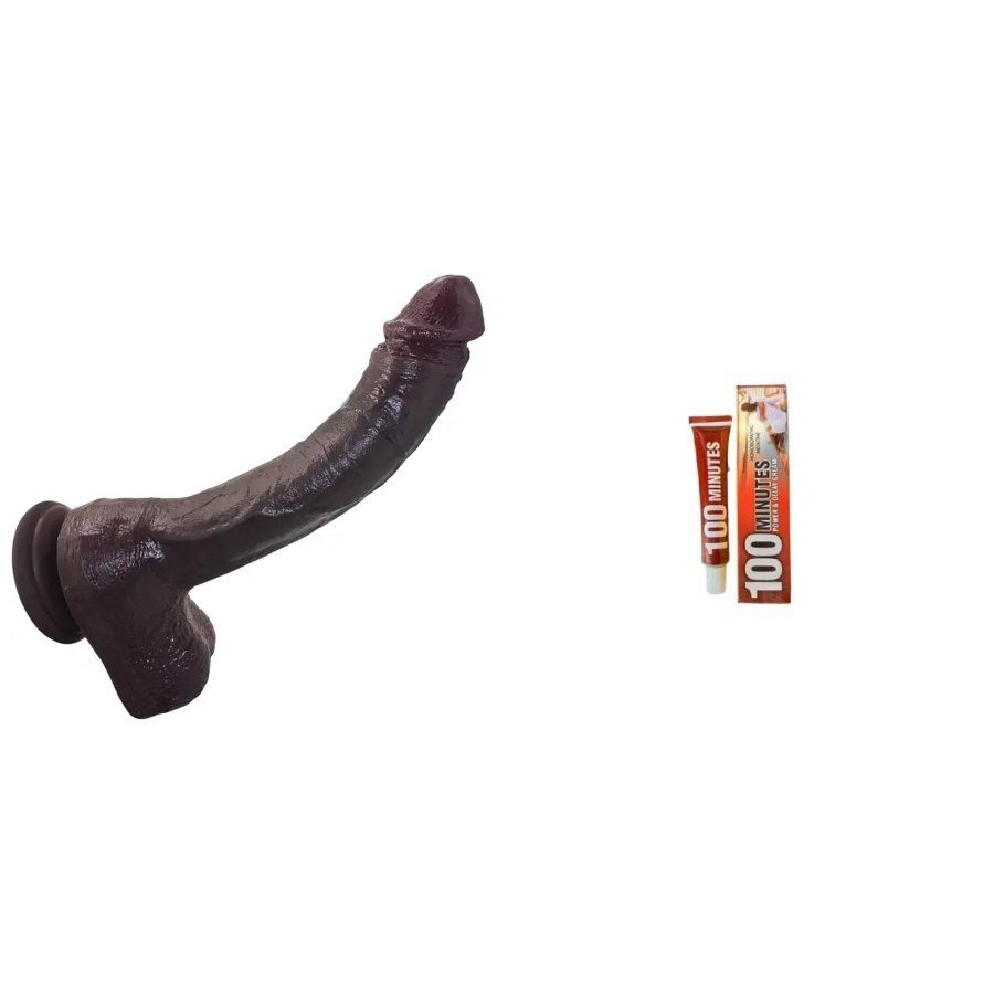 13 Inch Extra Long Huge Brown Lifelike Anal Dildo + 100 Minutes Power Delay Cream Combo