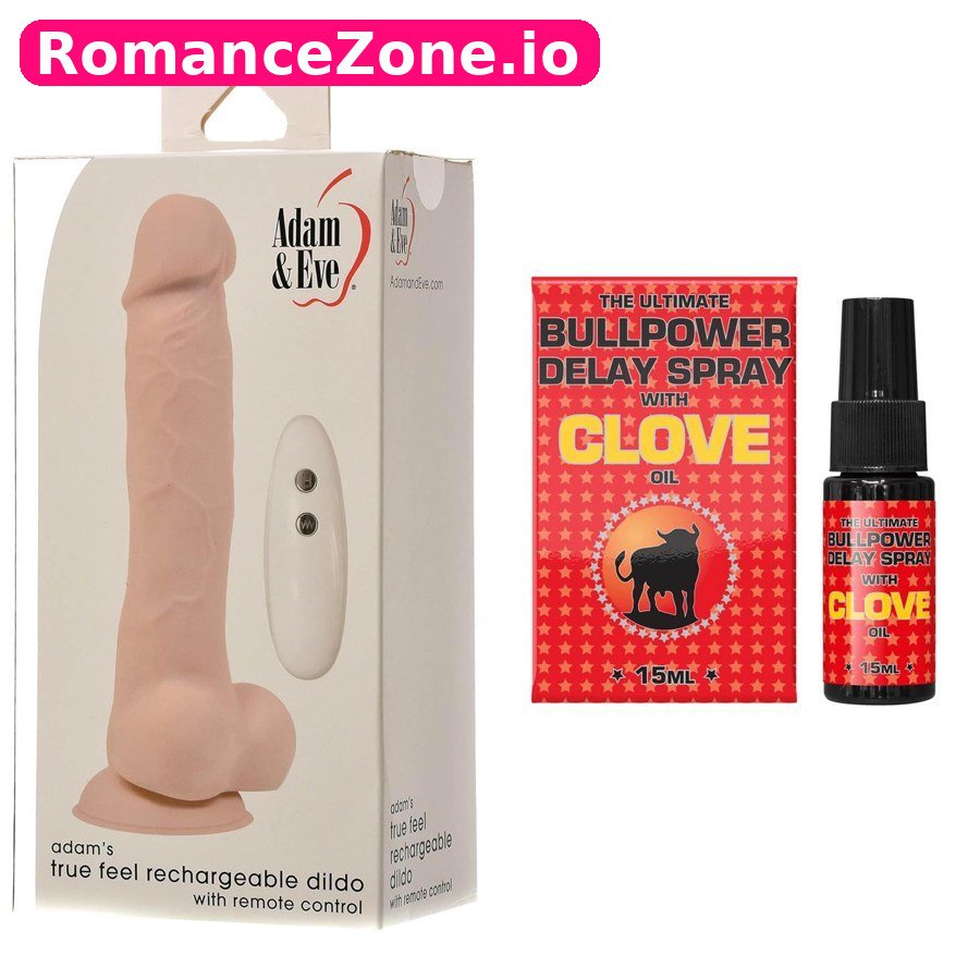 Adam and Eve Rechargeable Dildo + Bullpower Delay Spray with Clove Oil Combo