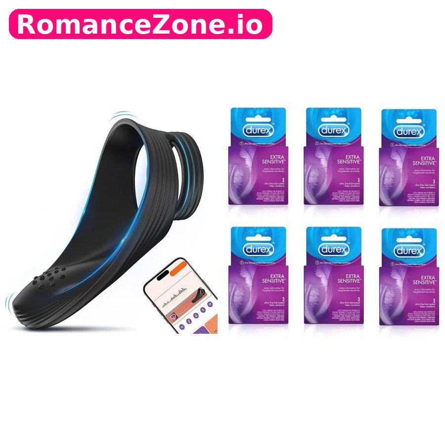 Black App Couples Vibrator + Durex Extra Sensitive Condoms 6 Pack Combo