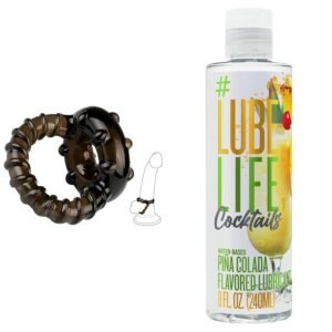 Black Textured Cock Ring + Lube Life Cocktails Lubricant Combo