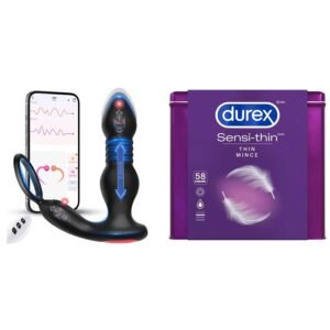 Black App Thrusting Vibrator + Durex Sensi-Thin Condoms 58 Pack Combo