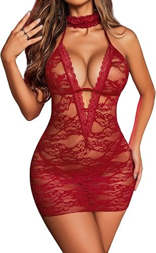 Floral lace halter babydoll lingerie dress with sheer mesh detailing