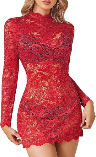 Floral lace sheer mesh bodycon mini dress with long sleeves and mock neckline