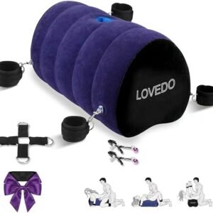 Inflatable BDSM pillow kit with wrist cuffs, ankle cuffs, body cross strap, and nipple clamps