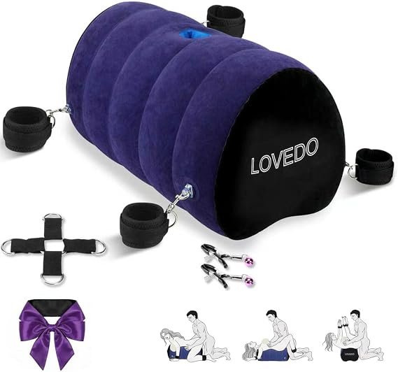 Inflatable BDSM pillow kit with wrist cuffs, ankle cuffs, body cross strap, and nipple clamps
