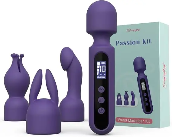 Interchangeable AV wand vibrator with LCD display and attachments