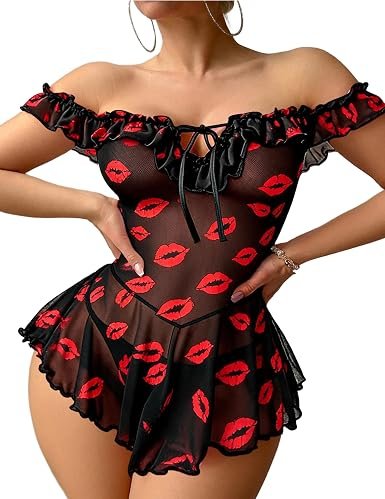Women's off-shoulder babydoll lingerie dress with matching thong