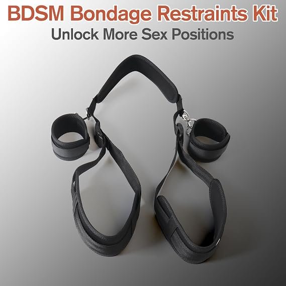 Padded nylon bondage restraint set with adjustable leg straps and hardware buckles