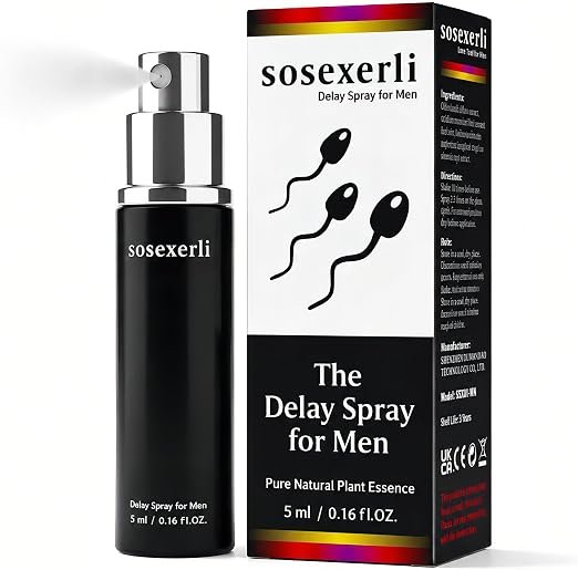 Close-up of the Sosexerli 5ml delay spray bottle