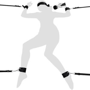 Under-bed BDSM restraint kit with adjustable cuffs, lace eye mask, and feather tickler