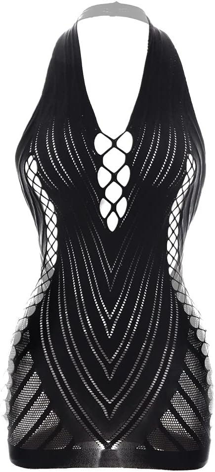 Women's fishnet chemise dress with sheer mesh and cut-out V-neck