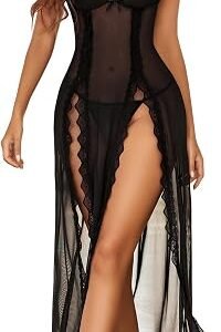 Women's Floral Lace Mesh Babydoll Nightdress – Deep V Chemise Lingerie