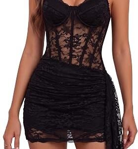 Women's Sexy Lace Bustier Maxi Dress with built-in underwire