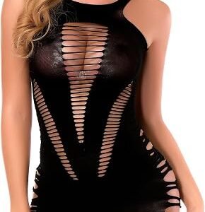 Women's sleeveless sheer fishnet mini dress with stretchy mesh design